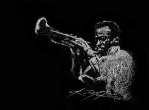 "Miles Davis" White crayon on black Rives BFK paper